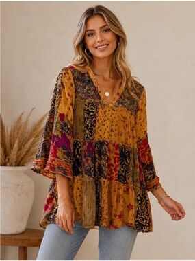 K153 Young Threads Women’s Long Sleeve Relaxed VNeck Patchwork Boho Style Tunic